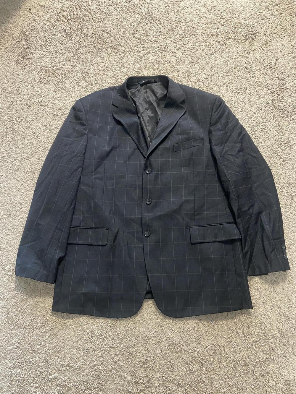Prontomoda Suit Jacket Mens 48 Charcoal Gray Check Wool Three Button Notch Lapel